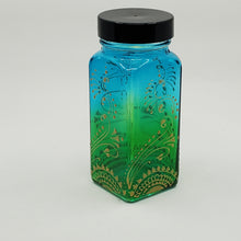 Load image into Gallery viewer, Hand Stained-Painted glass jar -green fading to blue (ombre) with intricate gold (henna style) designs -spice jar
