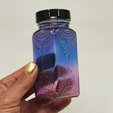 Load image into Gallery viewer, Hand Stained-Painted glass jar -purple fading to blue (ombre) with intricate gold (henna style) designs -spice jar
