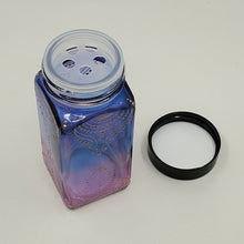 Load image into Gallery viewer, Hand Stained-Painted glass jar -purple fading to blue (ombre) with intricate gold (henna style) designs -spice jar