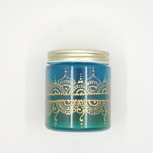 Load image into Gallery viewer, Hand Stained-Painted glass jar- green fading to blue (ombre) with intricate gold (henna style) designs. Bohemian centerpiece