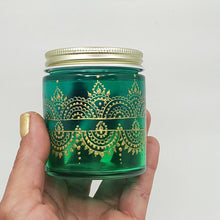 Load image into Gallery viewer, Hand Stained-Painted glass jar- 2 tones of green (ombre) with intricate gold (henna style) designs. Bohemian centerpiece