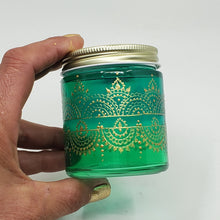 Load image into Gallery viewer, Hand Stained-Painted glass jar- 2 tones of green (ombre) with intricate gold (henna style) designs. Bohemian centerpiece