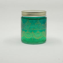 Load image into Gallery viewer, Hand Stained-Painted glass jar- 2 tones of green (ombre) with intricate gold (henna style) designs. Bohemian centerpiece