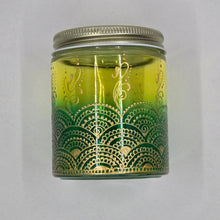 Load image into Gallery viewer, Hand Stained - Hand Painted glass jar - green fading to yellow (ombre) with intricate gold (henna style) designs.