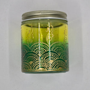 Hand Stained - Hand Painted glass jar - green fading to yellow (ombre) with intricate gold (henna style) designs.