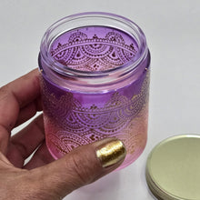 Load image into Gallery viewer, Hand Stained - Hand Painted glass jar - pink fading to purple (ombre) with intricate gold (henna style) designs.
