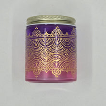 Load image into Gallery viewer, Hand Stained - Hand Painted glass jar - pink fading to purple (ombre) with intricate gold (henna style) designs.