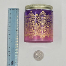 Load image into Gallery viewer, Hand Stained - Hand Painted glass jar - pink fading to purple (ombre) with intricate gold (henna style) designs.