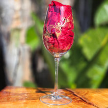 Load image into Gallery viewer, Hand Painted Sacred Goddess Chalice Wine Glass . Goddess figure with moon cycles and intricate gold 'henna inspired' designs.