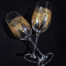 Load image into Gallery viewer, Hand Painted crystal wine glassess - intricate henna inspired art in Gold.