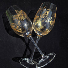 Load image into Gallery viewer, Hand Painted Crystal wine glass. Intricate gold henna inspired art winding around the entire glass.