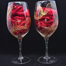 Load image into Gallery viewer, Hand Painted crystal wine glasses - intricate henna inspired art in Gold.