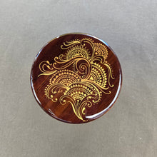 Load image into Gallery viewer, Wood Ashtray hand painted with intricate henna inspired designs. smoking accessory. removable stainless steel insert. covered ashtray