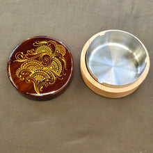 Load image into Gallery viewer, Wood Ashtray hand painted with intricate henna inspired designs. smoking accessory. removable stainless steel insert. covered ashtray