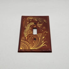 Load image into Gallery viewer, Hand Painted wood Switch plate /cover plate for Toggle switch - Oversized. Gold henna inspired designs on Cherry stained wood