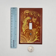 Load image into Gallery viewer, Hand Painted wood Switch plate /cover plate for Toggle switch - Oversized. Gold henna inspired designs on Cherry stained wood