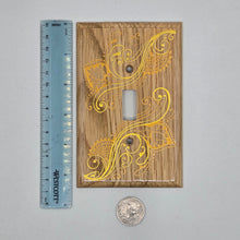 Load image into Gallery viewer, Hand Painted wood Switch plate /cover plate for Toggle switch - Oversized. Gold henna inspired designs on Oak finished wood