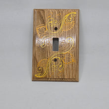 Load image into Gallery viewer, Hand Painted wood Switch plate /cover plate for Toggle switch - Oversized. Gold henna inspired designs on Oak finished wood