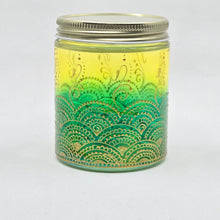 Load image into Gallery viewer, Hand Stained - Hand Painted glass jar - green fading to yellow (ombre) with intricate gold (henna style) designs.
