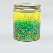 Load image into Gallery viewer, Hand Stained - Hand Painted glass jar - green fading to yellow (ombre) with intricate gold (henna style) designs.