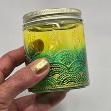 Load image into Gallery viewer, Hand Stained - Hand Painted glass jar - green fading to yellow (ombre) with intricate gold (henna style) designs.
