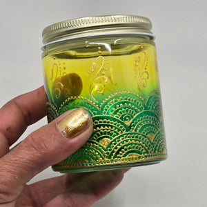 Hand Stained - Hand Painted glass jar - green fading to yellow (ombre) with intricate gold (henna style) designs.