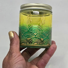 Load image into Gallery viewer, Hand Stained - Hand Painted glass jar - green fading to yellow (ombre) with intricate gold (henna style) designs.