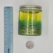 Load image into Gallery viewer, Hand Stained - Hand Painted glass jar - green fading to yellow (ombre) with intricate gold (henna style) designs.
