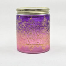 Load image into Gallery viewer, Hand Stained - Hand Painted glass jar - pink fading to purple (ombre) with intricate gold (henna style) designs.
