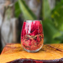 Load image into Gallery viewer, Hand Painted Sacred Goddess Chalice Goblet Wine Glass . Goddess figure with moon cycles and intricate gold (henna style) designs- Stemless