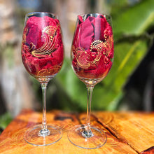 Load image into Gallery viewer, Hand Painted Crystal wine glass. Intricate gold henna inspired art winding around the entire glass.