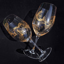 Load image into Gallery viewer, Hand Painted crystal wine glasses - intricate henna inspired art in Gold.