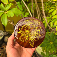 Load image into Gallery viewer, Wood Ashtray hand painted with intricate henna inspired designs. smoking accessory. removable stainless steel insert. covered ashtray