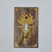 Load image into Gallery viewer, Hand Painted Walnut wood Switch / Cover / Wall plate for Toggle switch - Midsized. Gold lotus with henna inspired designs on solid wood
