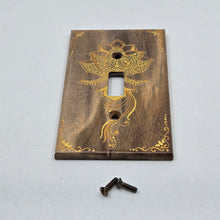 Load image into Gallery viewer, Hand Painted Walnut wood Switch / Cover / Wall plate for Toggle switch - Midsized. Gold lotus with henna inspired designs on solid wood