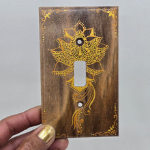 Load image into Gallery viewer, Hand Painted Walnut wood Switch / Cover / Wall plate for Toggle switch - Midsized. Gold lotus with henna inspired designs on solid wood
