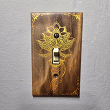 Load image into Gallery viewer, Hand Painted Walnut wood Switch / Cover / Wall plate for Toggle switch - Midsized. Gold lotus with henna inspired designs on solid wood
