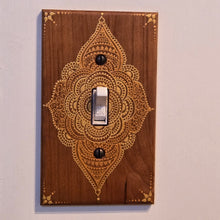Load image into Gallery viewer, Hand Painted Cherry wood Switch / Cover / Wall plate for Toggle switch - Midsized. Gold henna inspired designs on solid wood