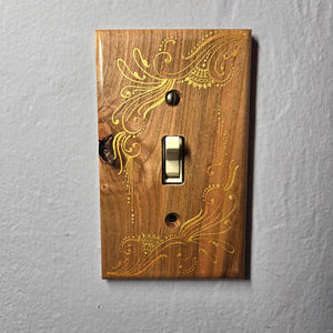 Hand Painted Cherry wood Switch / Cover / Wall plate for Toggle switch - Midsized. Gold  henna inspired designs on solid wood