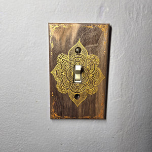 Hand Painted Walnut wood Switch / Cover / Wall plate for Toggle switch - Midsized. Gold henna inspired designs on solid wood