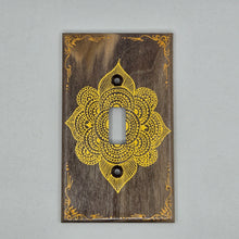 Load image into Gallery viewer, Hand Painted Walnut wood Switch / Cover / Wall plate for Toggle switch - Midsized. Gold henna inspired designs on solid wood
