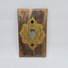 Load image into Gallery viewer, Hand Painted Walnut wood Switch / Cover / Wall plate for Toggle switch - Midsized. Gold henna inspired designs on solid wood
