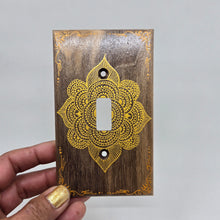 Load image into Gallery viewer, Hand Painted Walnut wood Switch / Cover / Wall plate for Toggle switch - Midsized. Gold henna inspired designs on solid wood
