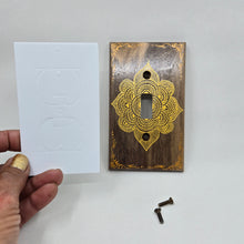 Load image into Gallery viewer, Hand Painted Walnut wood Switch / Cover / Wall plate for Toggle switch - Midsized. Gold henna inspired designs on solid wood
