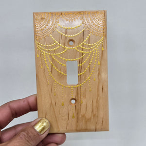 Hand Painted Cherry wood Switch / Cover / Wall plate for Toggle switch - Midsized. Gold  henna inspired designs on solid wood