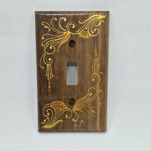 Load image into Gallery viewer, Hand Painted Walnut wood Switch / Cover / Wall plate for Toggle switch - Midsized. Gold henna inspired designs on solid wood

