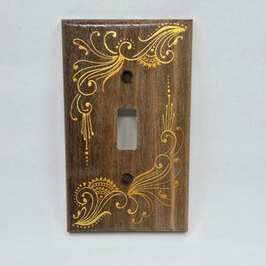Hand Painted Walnut wood Switch / Cover / Wall plate for Toggle switch - Midsized. Gold henna inspired designs on solid wood