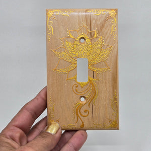 Hand Painted Cherry wood Switch / Cover / Wall plate for Toggle switch - Midsized. Gold lotus with henna inspired designs on solid wood