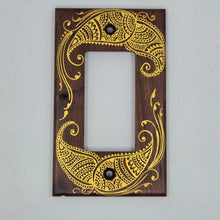 Load image into Gallery viewer, Hand Painted Walnut wood Switch / Cover / Wall plate for Paddle switch or decora outlet -Midsized. Gold henna inspired designs on solid wood
