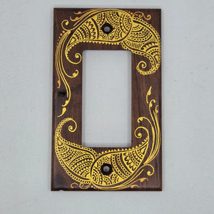 Hand Painted Walnut wood Switch / Cover / Wall plate for Paddle switch or decora outlet -Midsized. Gold henna inspired designs on solid wood